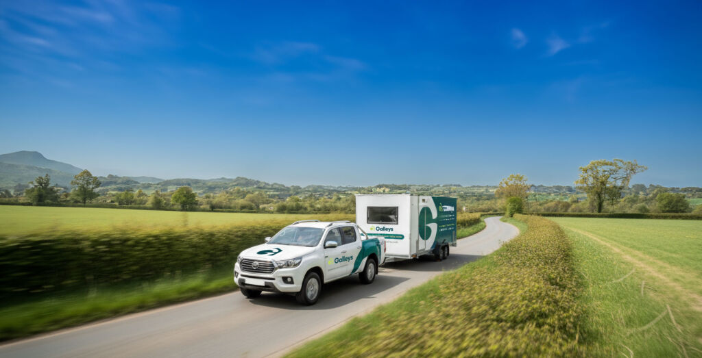 A Galleys Temporary Kitchen Bring Towed Down A Country Lane In Cornwall