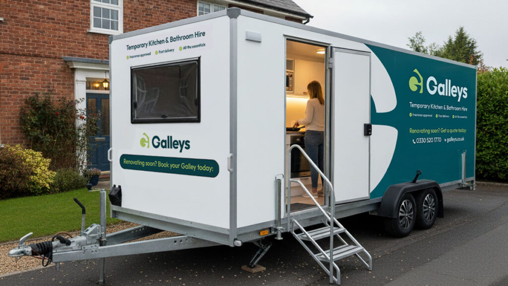 A Galleys temporary kitchen pod outside a home in Cornwall