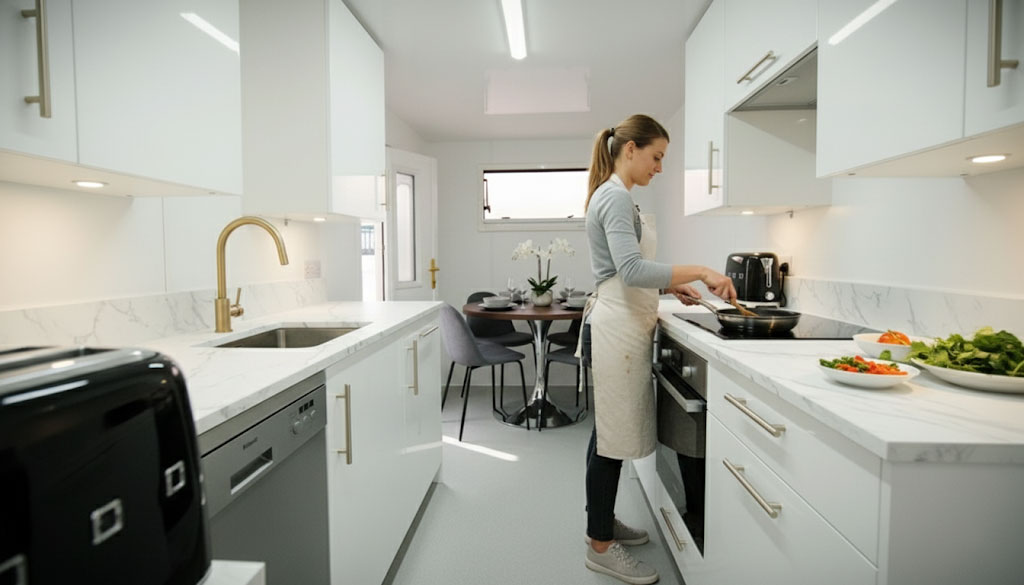 A person cooking inside a Galleys temporary kitchen pod