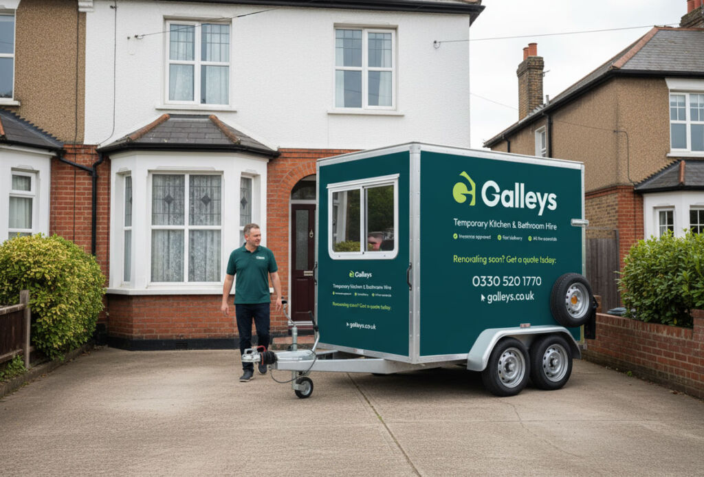 A "courtesy kitchen" temporary kitchen pod on a driveway